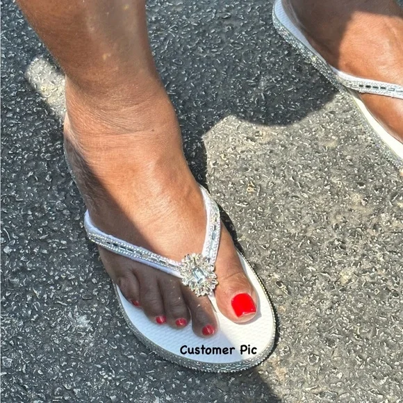 Custom Hand-Crafted Rhinestone Flip Flops “ No Barefeet Allowed At The Party" - Picture 4 of 5